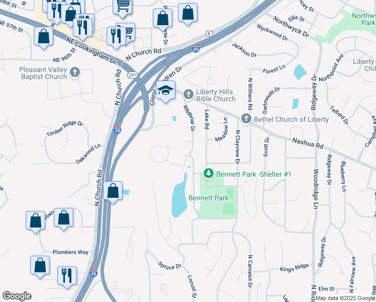 map of restaurants, bars, coffee shops, grocery stores, and more near 1248 Wildbriar Circle in Liberty