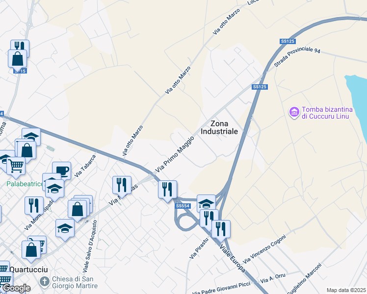 map of restaurants, bars, coffee shops, grocery stores, and more near Strada Ex Provinciale Quartucciu-Ganni in Cagliari