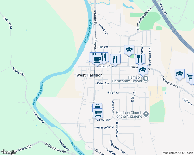 map of restaurants, bars, coffee shops, grocery stores, and more near 115 East Broadway Street in Harrison