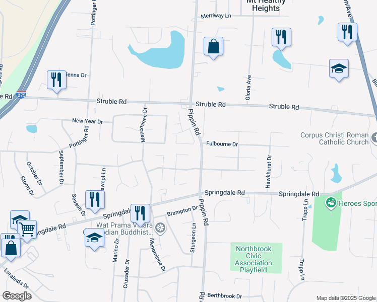 map of restaurants, bars, coffee shops, grocery stores, and more near 10305 Crestland Court in Cincinnati
