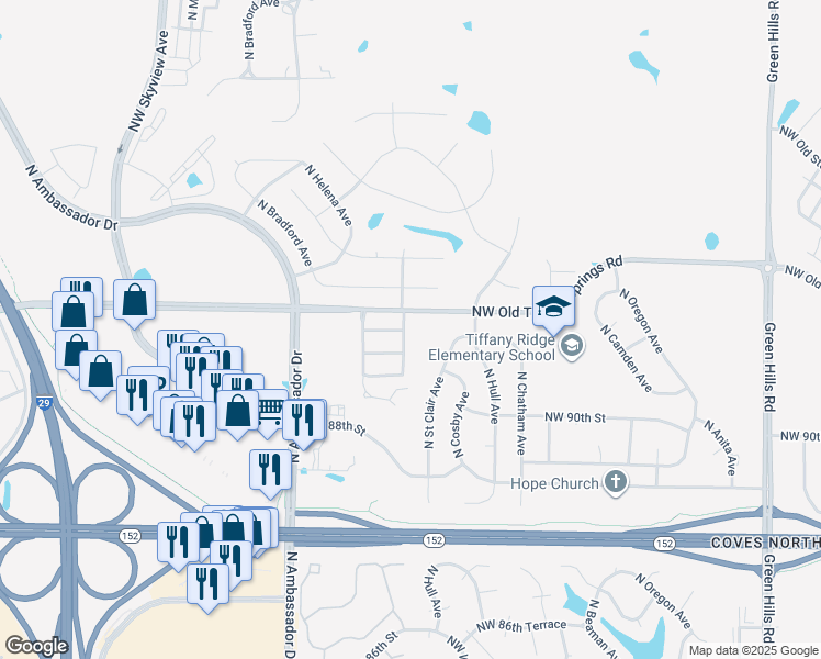 map of restaurants, bars, coffee shops, grocery stores, and more near 9127 North Dalton Avenue in Kansas City