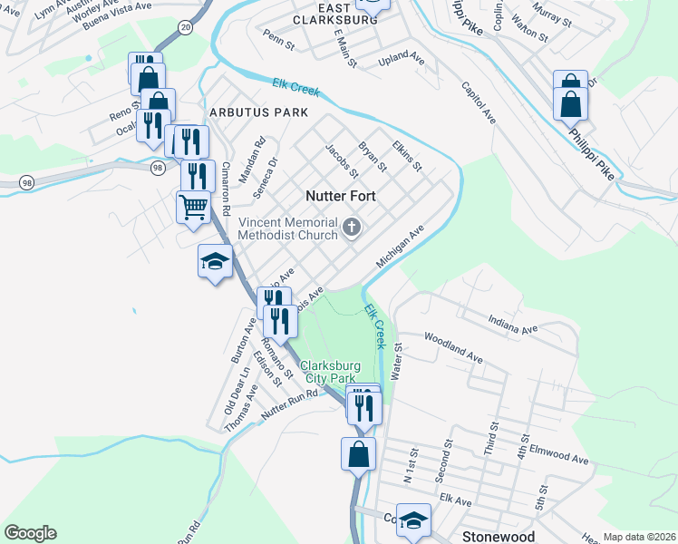 map of restaurants, bars, coffee shops, grocery stores, and more near 300 Illinois Avenue in Nutter Fort