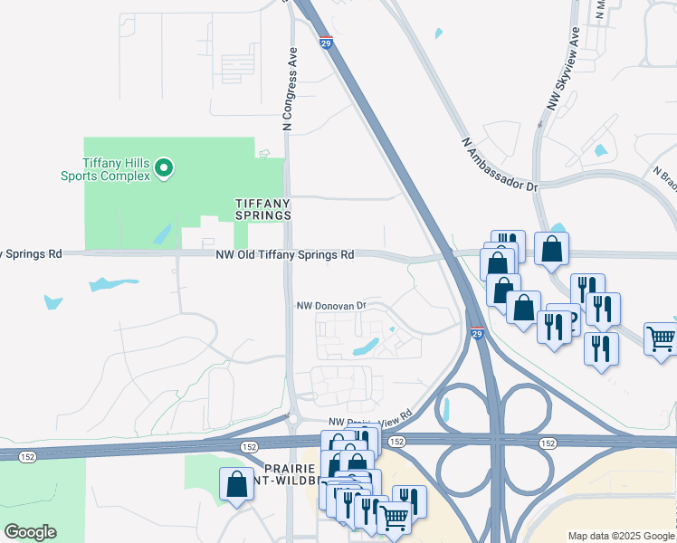 map of restaurants, bars, coffee shops, grocery stores, and more near 8077-8721 Northwest Old Tiffany Springs Road in Kansas City
