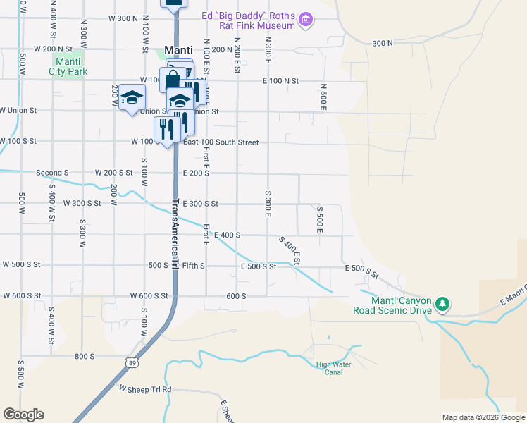 map of restaurants, bars, coffee shops, grocery stores, and more near 324 South 300 East in Manti
