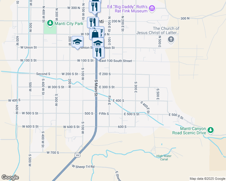 map of restaurants, bars, coffee shops, grocery stores, and more near 106 East 300 South in Manti
