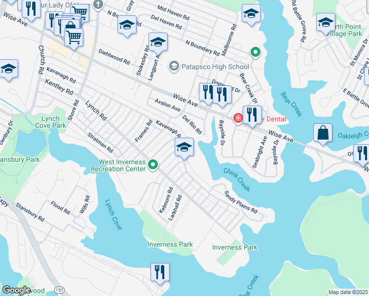 map of restaurants, bars, coffee shops, grocery stores, and more near 8272 Kavanagh Road in Dundalk