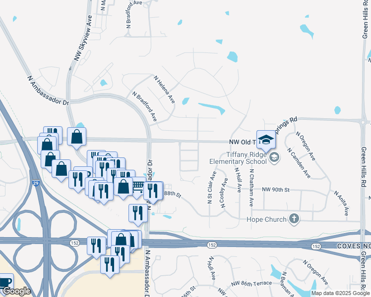 map of restaurants, bars, coffee shops, grocery stores, and more near 5956 Northwest 91st Terrace in Kansas City