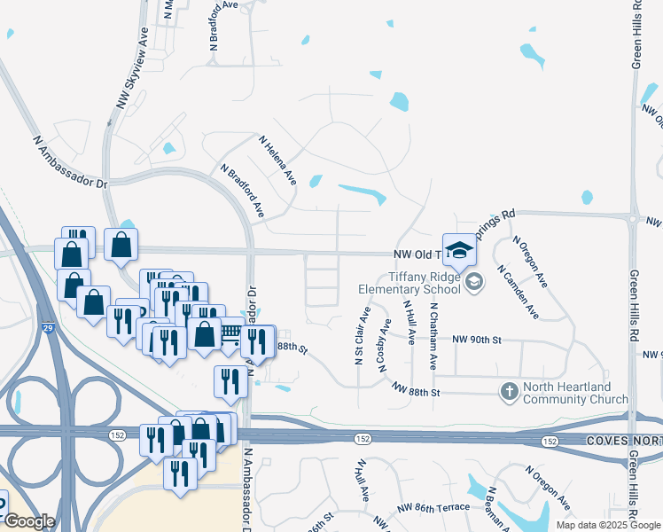 map of restaurants, bars, coffee shops, grocery stores, and more near 5912 Northwest 91st Terrace in Kansas City