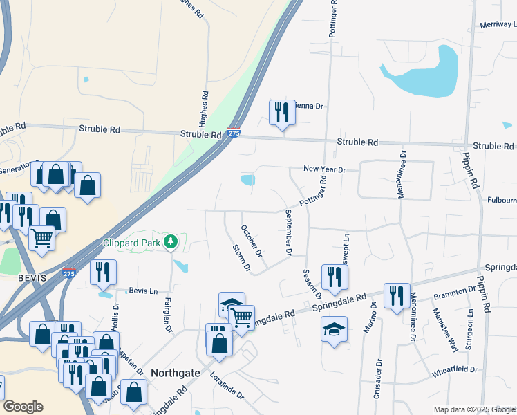 map of restaurants, bars, coffee shops, grocery stores, and more near 10229 Pottinger Road in Cincinnati