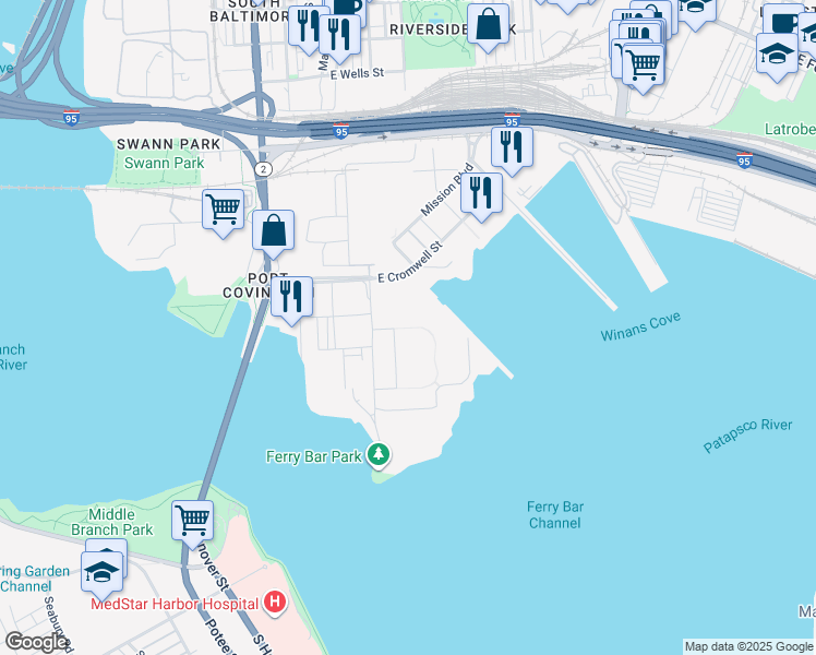 map of restaurants, bars, coffee shops, grocery stores, and more near 101 Performance Drive in Baltimore
