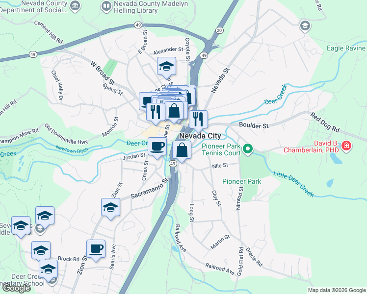 map of restaurants, bars, coffee shops, grocery stores, and more near 224 Sacramento Street in Nevada City