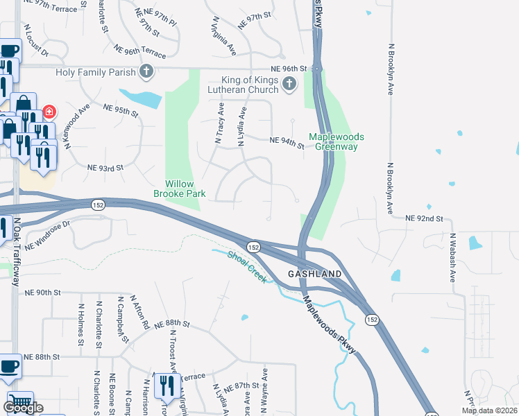 map of restaurants, bars, coffee shops, grocery stores, and more near 9204 North Flora Avenue in Kansas City