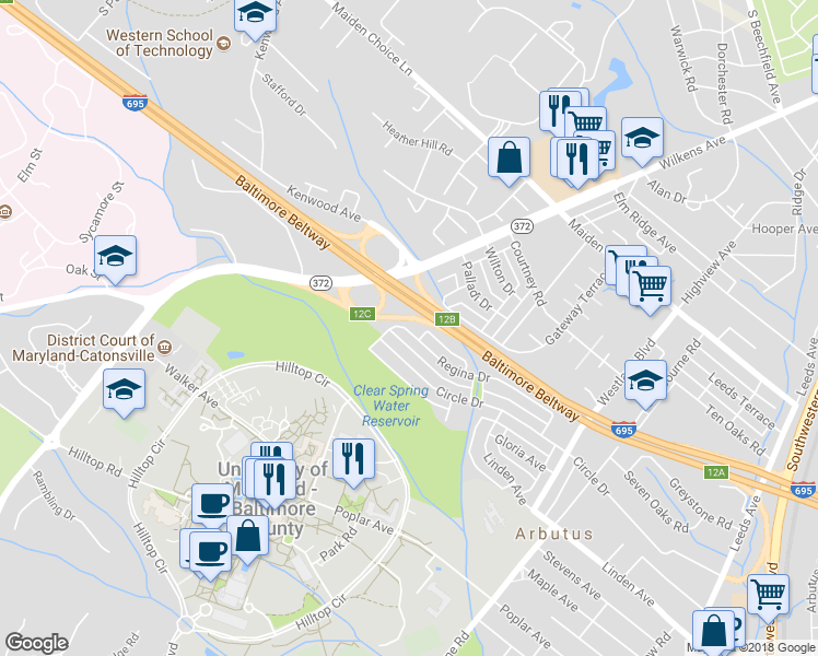 map of restaurants, bars, coffee shops, grocery stores, and more near 940 Regina Drive in Halethorpe