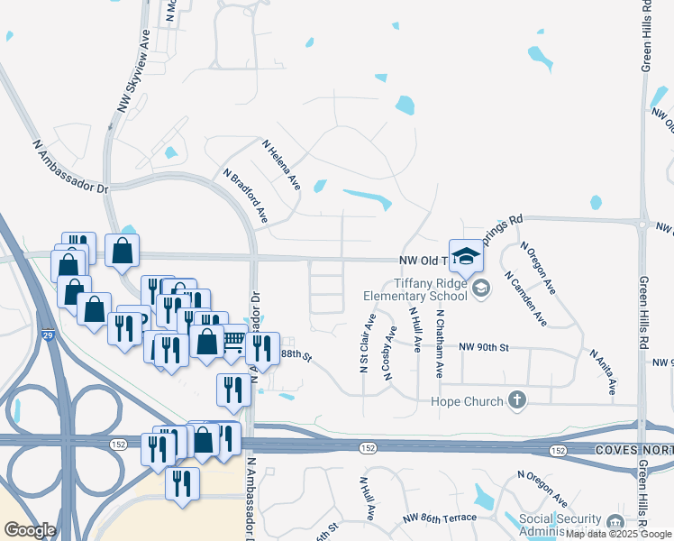 map of restaurants, bars, coffee shops, grocery stores, and more near 5910-5916 Northwest 91 Street in Kansas City
