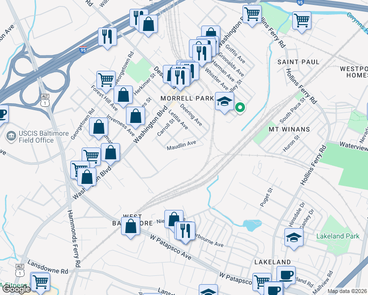 map of restaurants, bars, coffee shops, grocery stores, and more near 2845 Maudlin Avenue in Baltimore