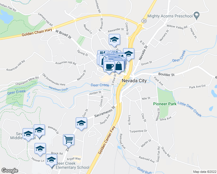 map of restaurants, bars, coffee shops, grocery stores, and more near 220 Tribulation Trail in Nevada City