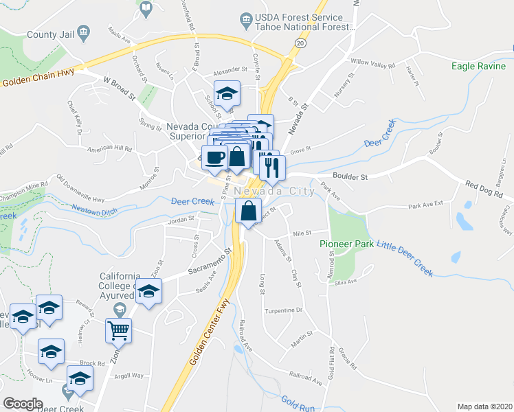 map of restaurants, bars, coffee shops, grocery stores, and more near 224 Sacramento Street in Nevada City