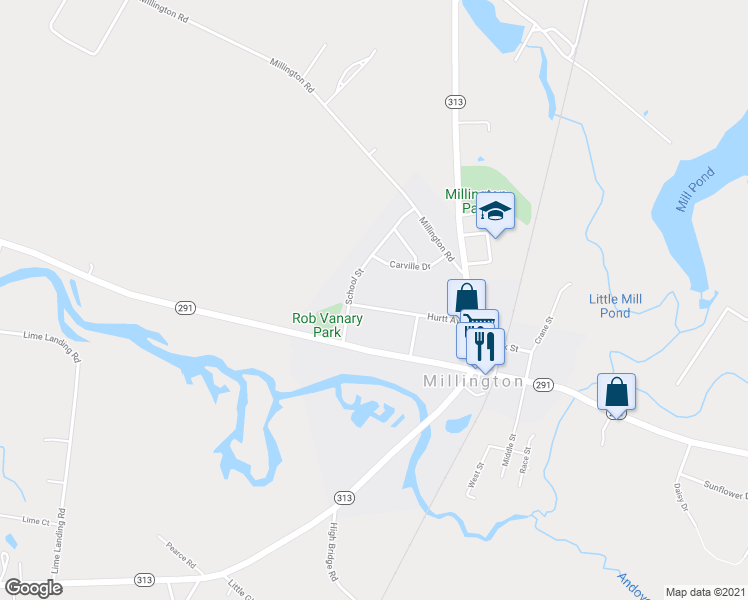 map of restaurants, bars, coffee shops, grocery stores, and more near 374 Hurtt Avenue in Millington