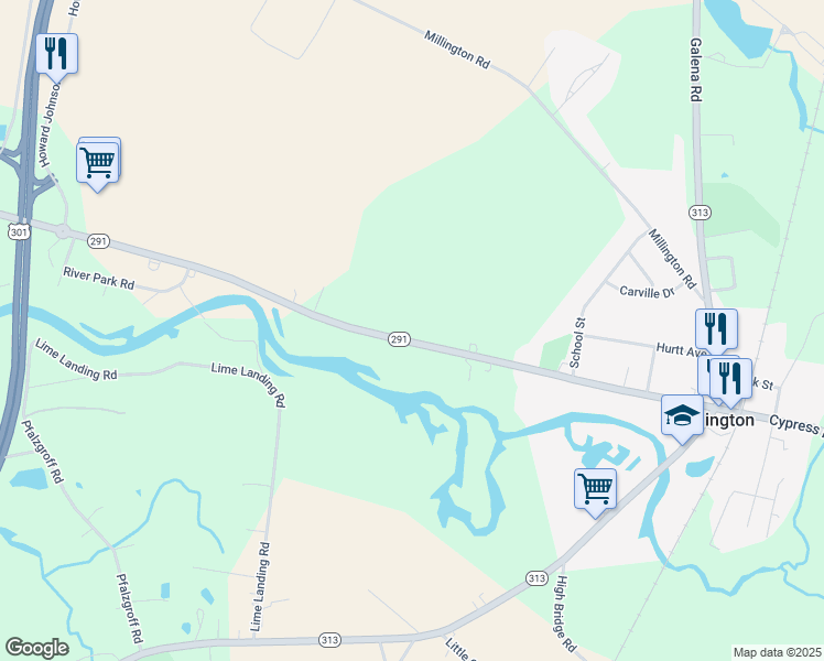 map of restaurants, bars, coffee shops, grocery stores, and more near 308 Cypress St in Millington