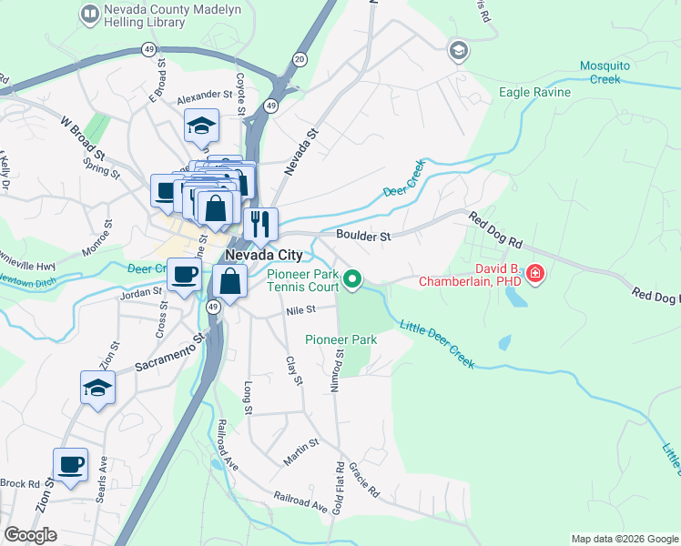 map of restaurants, bars, coffee shops, grocery stores, and more near 312 Park Avenue in Nevada City