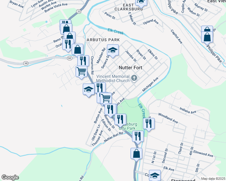 map of restaurants, bars, coffee shops, grocery stores, and more near 119 Ohio Avenue in Nutter Fort