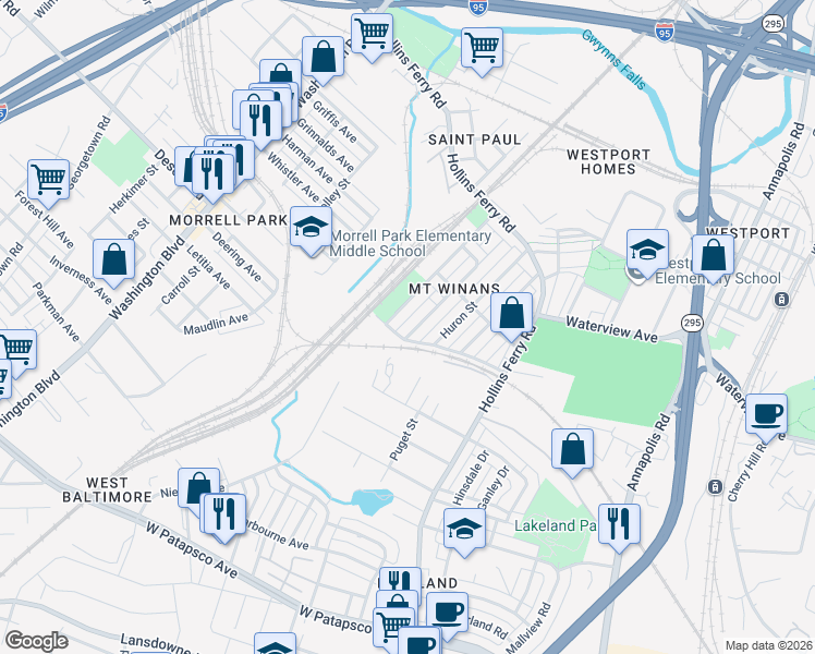 map of restaurants, bars, coffee shops, grocery stores, and more near 2640 Ridgely Street in Baltimore