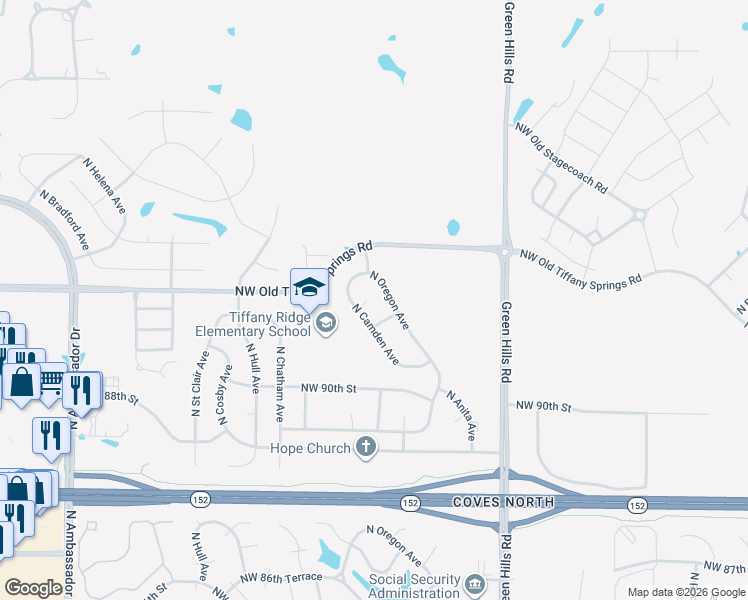 map of restaurants, bars, coffee shops, grocery stores, and more near 9115 North Camden Avenue in Kansas City