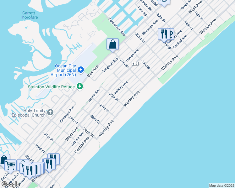 map of restaurants, bars, coffee shops, grocery stores, and more near 2522 Central Avenue in Ocean City