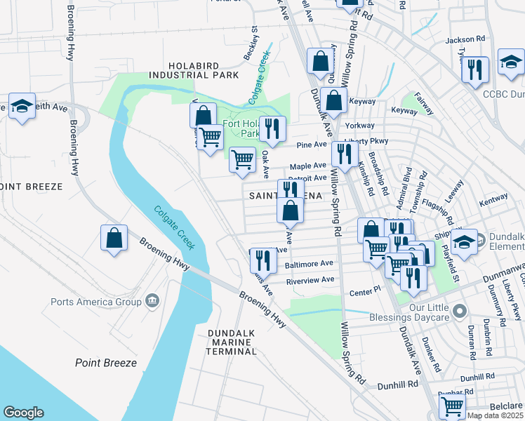map of restaurants, bars, coffee shops, grocery stores, and more near 6512 Colgate Avenue in Baltimore