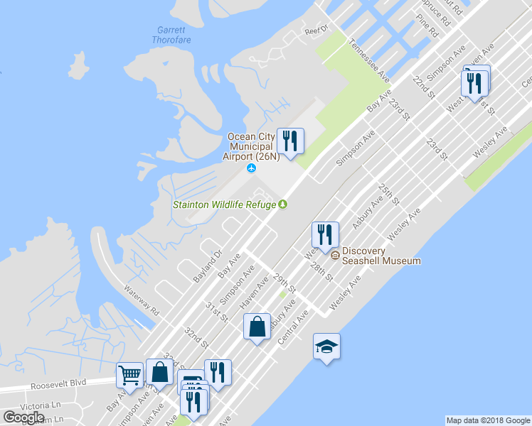 map of restaurants, bars, coffee shops, grocery stores, and more near 2728 Bay Avenue in Ocean City