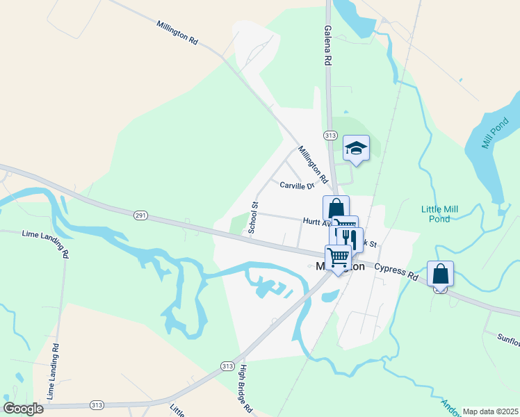 map of restaurants, bars, coffee shops, grocery stores, and more near 374 Hurtt Avenue in Millington