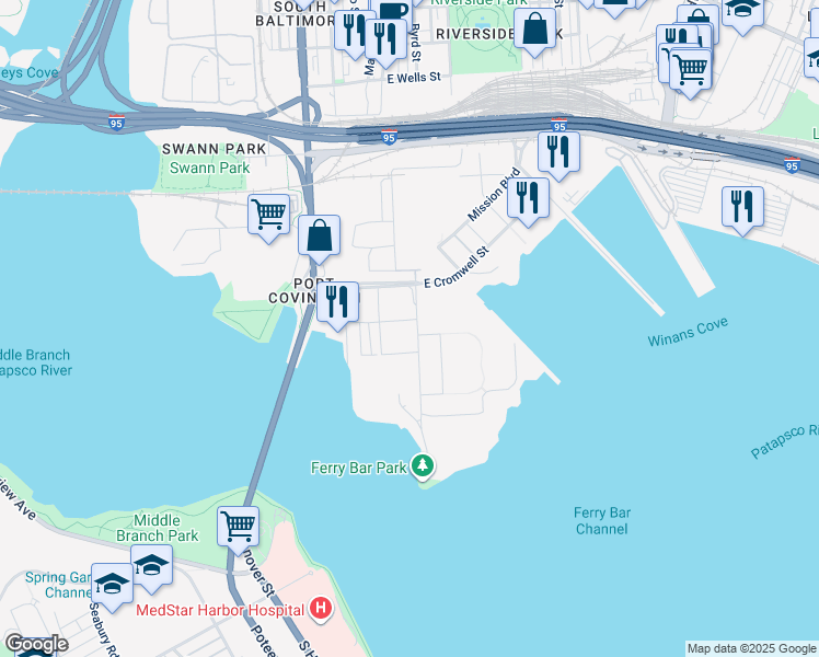 map of restaurants, bars, coffee shops, grocery stores, and more near 2604 West Peninsula Drive in Baltimore