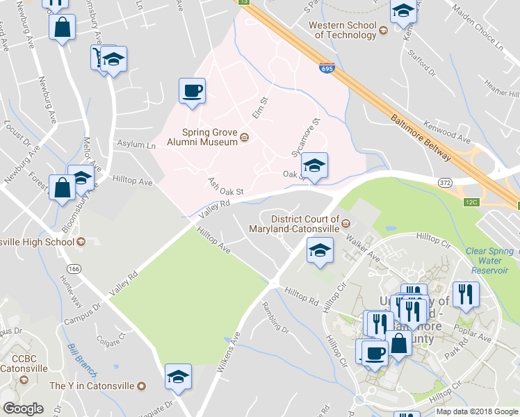 map of restaurants, bars, coffee shops, grocery stores, and more near 723 Hidden Bluff Circle in Catonsville