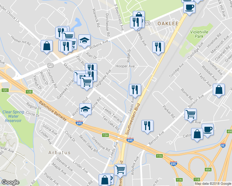 map of restaurants, bars, coffee shops, grocery stores, and more near 1212 Elm Ridge Avenue in Baltimore