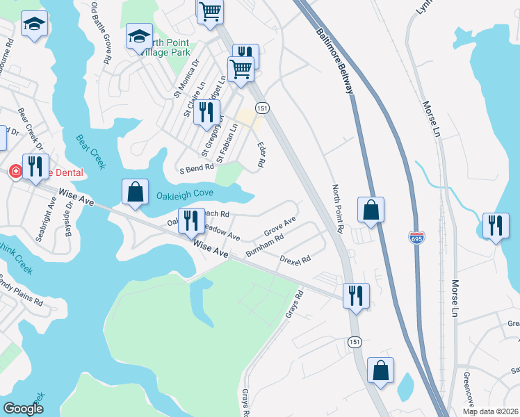 map of restaurants, bars, coffee shops, grocery stores, and more near 926 Oakleigh Beach Road in Dundalk