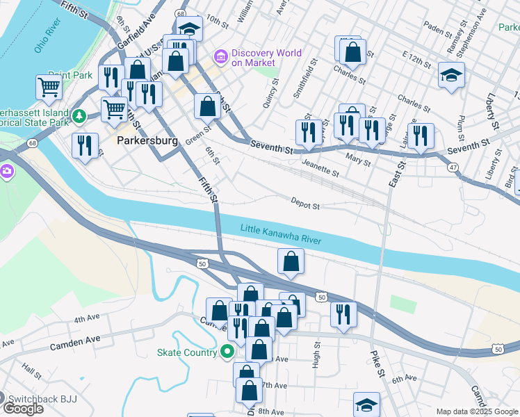 map of restaurants, bars, coffee shops, grocery stores, and more near 642 Depot St in Parkersburg