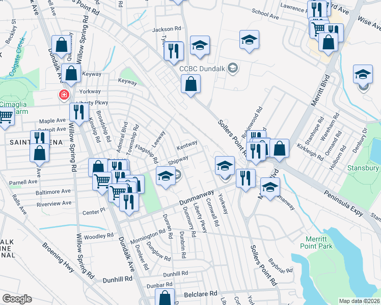 map of restaurants, bars, coffee shops, grocery stores, and more near 100 Shipway in Dundalk