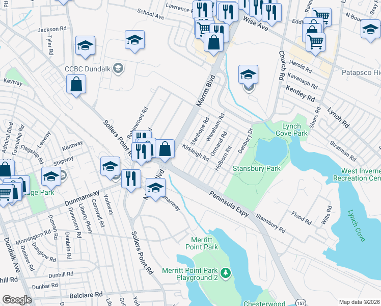 map of restaurants, bars, coffee shops, grocery stores, and more near 2717 Kirkleigh Road in Dundalk