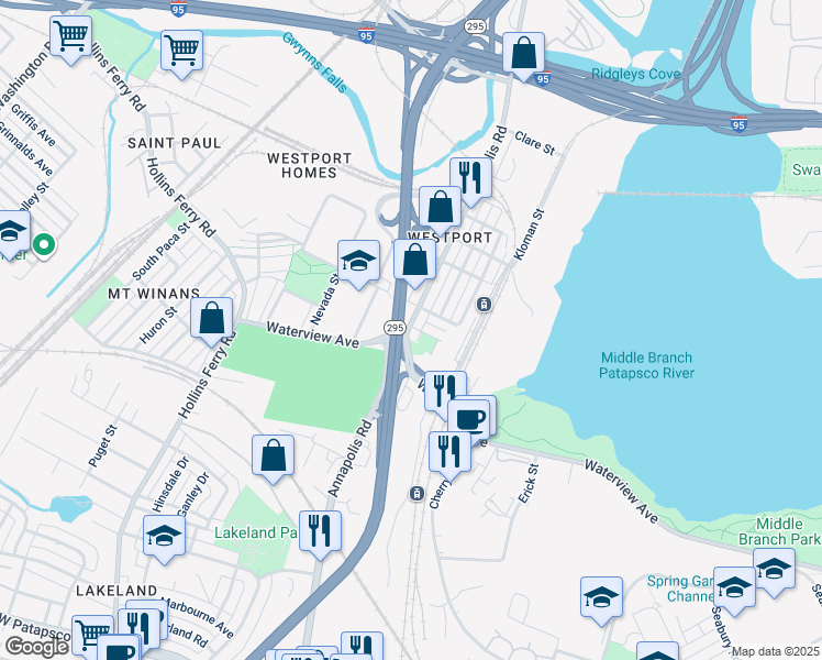 map of restaurants, bars, coffee shops, grocery stores, and more near 2425 Indiana Avenue in Baltimore