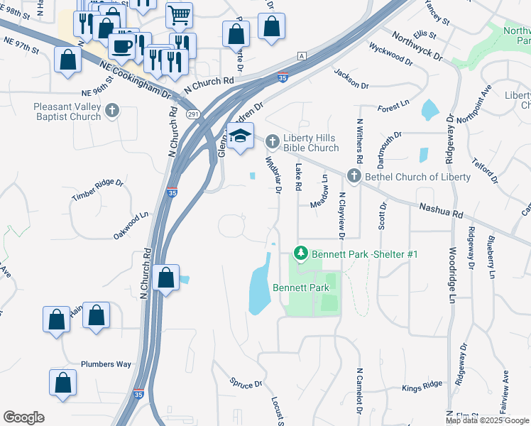 map of restaurants, bars, coffee shops, grocery stores, and more near 1248 Wildbriar Circle in Liberty