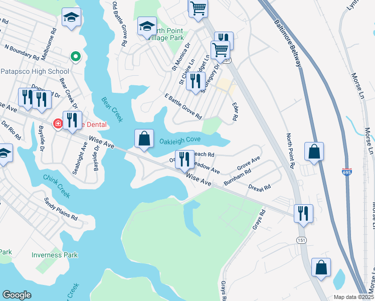 map of restaurants, bars, coffee shops, grocery stores, and more near 808 Oakleigh Beach Road in Baltimore