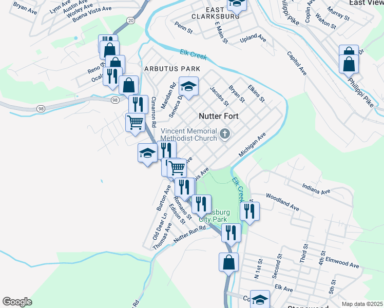 map of restaurants, bars, coffee shops, grocery stores, and more near 119 Ohio Avenue in Nutter Fort