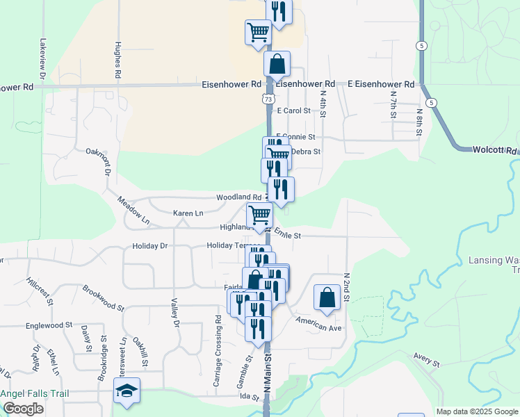map of restaurants, bars, coffee shops, grocery stores, and more near 103 Crestview Terrace in Lansing