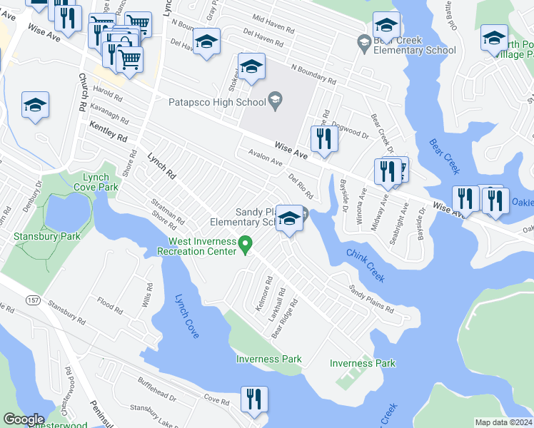 map of restaurants, bars, coffee shops, grocery stores, and more near 1919 Haselmere Road in Dundalk