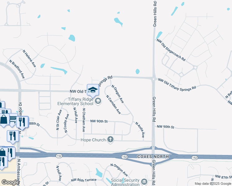 map of restaurants, bars, coffee shops, grocery stores, and more near 9115 North Camden Avenue in Kansas City