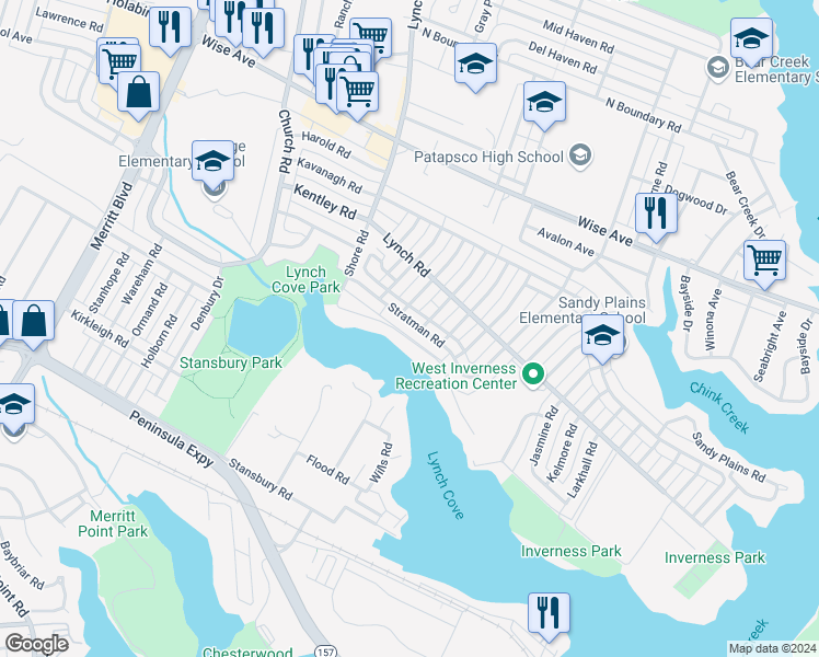 map of restaurants, bars, coffee shops, grocery stores, and more near 8033 Stratman Road in Dundalk