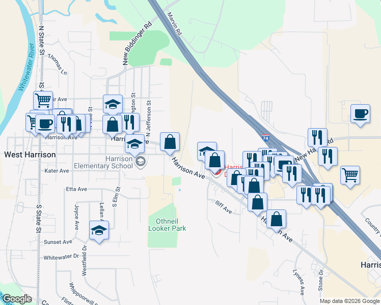 map of restaurants, bars, coffee shops, grocery stores, and more near 10056 Sandusky Road in Harrison
