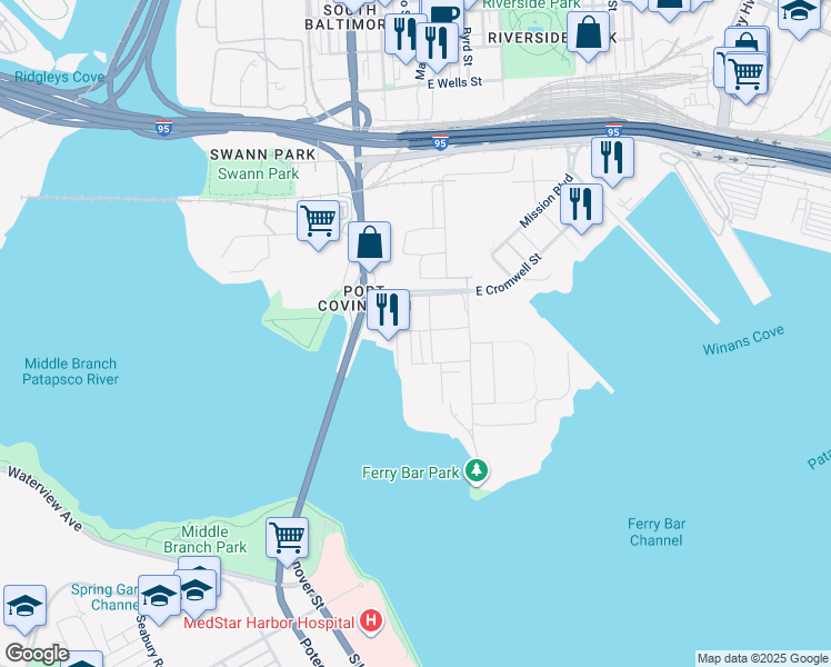 map of restaurants, bars, coffee shops, grocery stores, and more near 2616 Ferry Bar Drive in Baltimore