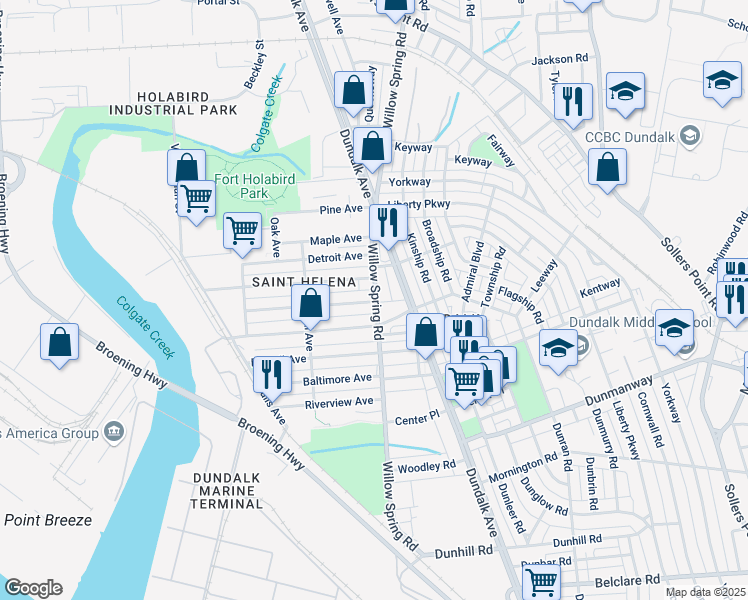 map of restaurants, bars, coffee shops, grocery stores, and more near 204 Colgate Avenue in Dundalk