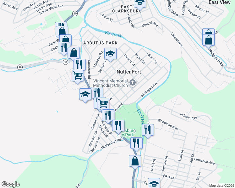 map of restaurants, bars, coffee shops, grocery stores, and more near 119 Ohio Avenue in Nutter Fort